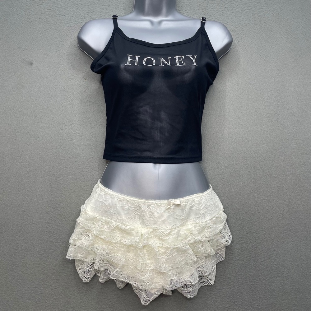 Forever 21 Women Cami Top Black Mesh Large Honey Rhinestone Y2K Streetwear